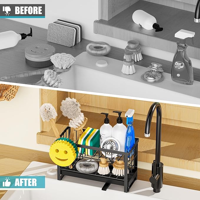 Sponge Holder for Kitchen Sink with Flexible Smiley Face, 2 Tier Kitchen Sink Organizer, Countertop and Storage Essentials, Soap Dispenser Organizer, Home Decor Accessories - Black