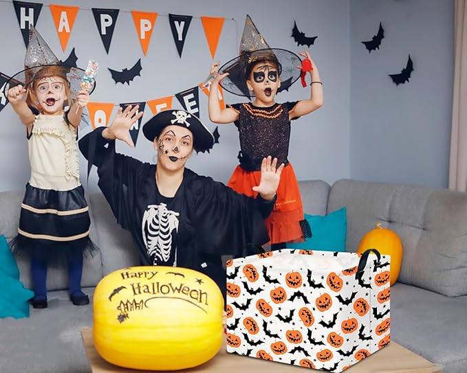 CLOCOR Rectangular Storage Basket Empty, Gift Basket for Halloween, Waterproof Storage Bin with Handles, Room Decor(Bat Pumpkin Halloween)
