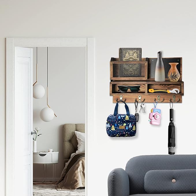 Key Holder for Wall, Mail Organizer Wall Mount with Key Hooks and Wallet Holder, Sunglasses Storage and Dog Leash Hanger, Decorative with 4 Double Hooks and Chalkboard