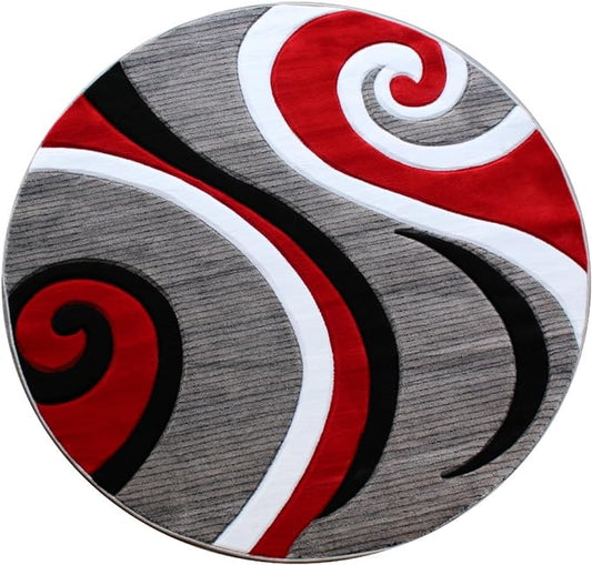 Masada Rugs Sophia Collection Hand Carved Round Area Rug Modern Contemporary Red Grey White Black (4 Feet X 4 Feet) Round