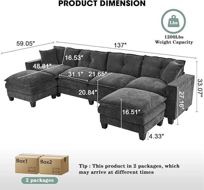 137",U Shaped Couch,Modern Modular Sectional Sofa, 4-Seater Comfy Cloud Couch with Two Movable Ottoman & Throw Pillows for Living Room, Bedroom and Apartment, Dark Gray
