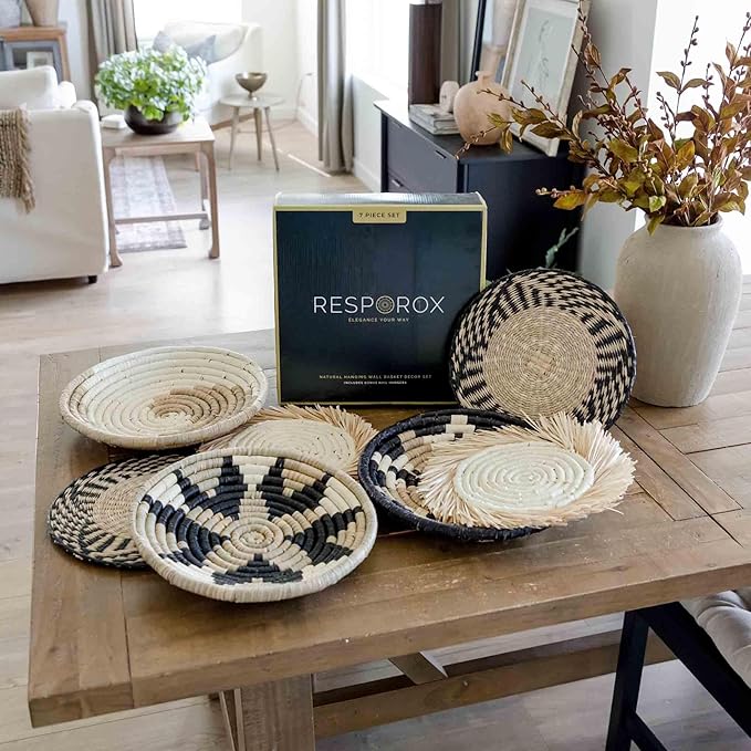 Hanging Woven Wall Basket Set - 7 Unique Handcrafted Seagrass Baskets for Boho, Farmhouse & Rustic Wall Decor, Table Settings & More - Ready to Hang with Nails & Marking Pencil Included