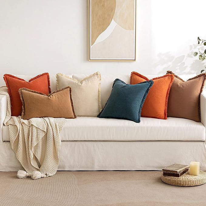 MIULEE Fall Decorative Throw Pillow Covers Neutral Linen Fringe Throw Pillows Set of 2 Orange Boho Farmhouse Cushion Covers with Tassels for Couch Sofa Bed Living Room Spring Home Decor 18x18 Inch