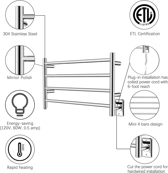 HEATGENE Towel Warmer 4 Bar Towel Dryer Wall-Mounted Plug-in Bath Towel Heater - Mirror Polish