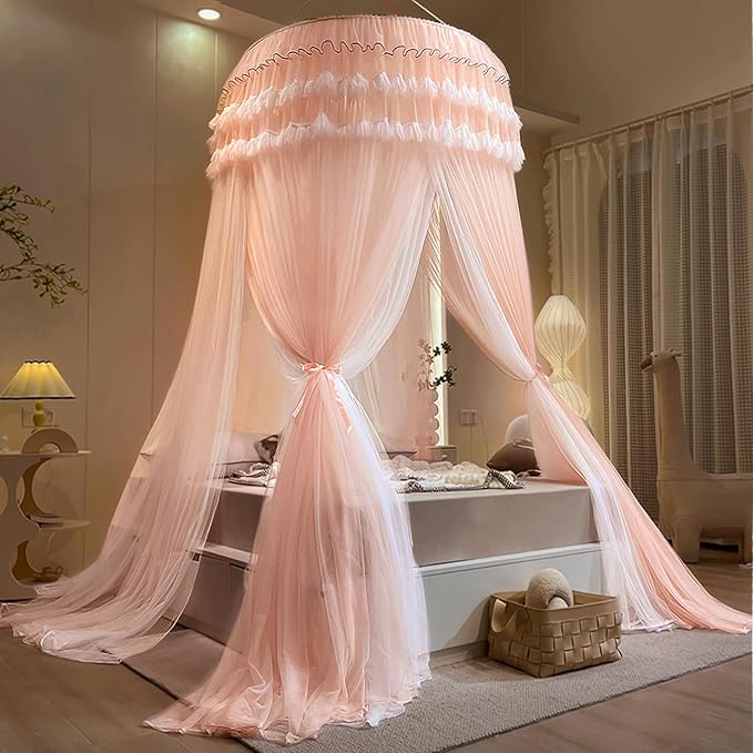 Kertnic Dreamy Bed Canopy for Girls, Princess Canopy Curtains Double Layer Sheer Mesh, Kids & Adults Canopies Netting Room Decor Tent Mosquito Net for Queen King Bed (Double Layer-Beige Pink)