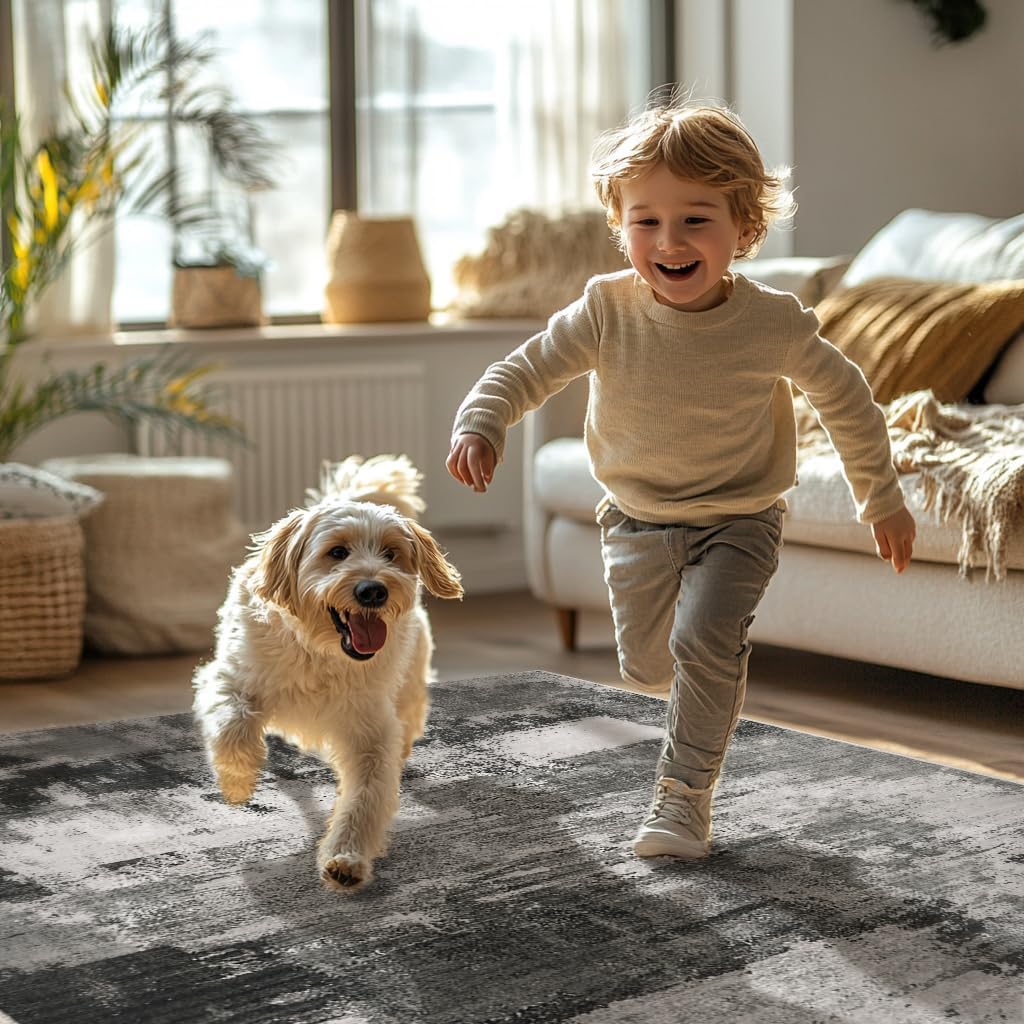 Area Rugs 8x10 for Living Room Bedroom, Modern Abstract Machine Washable Large Soft Black Rug, Low Pile Floor Carpet with Non Slip Backing for Dining Room, Carbon Black