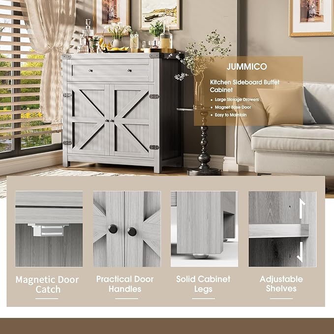 JUMMICO Coffee Bar Cabinet Farmhouse Kitchen Sideboard Buffet Cabinet with Drawer and Adjustable Shelf Barn Door Storage Cabinet for Kitchen, Dining Room, Bathroom, Entryway (Ash Grey)