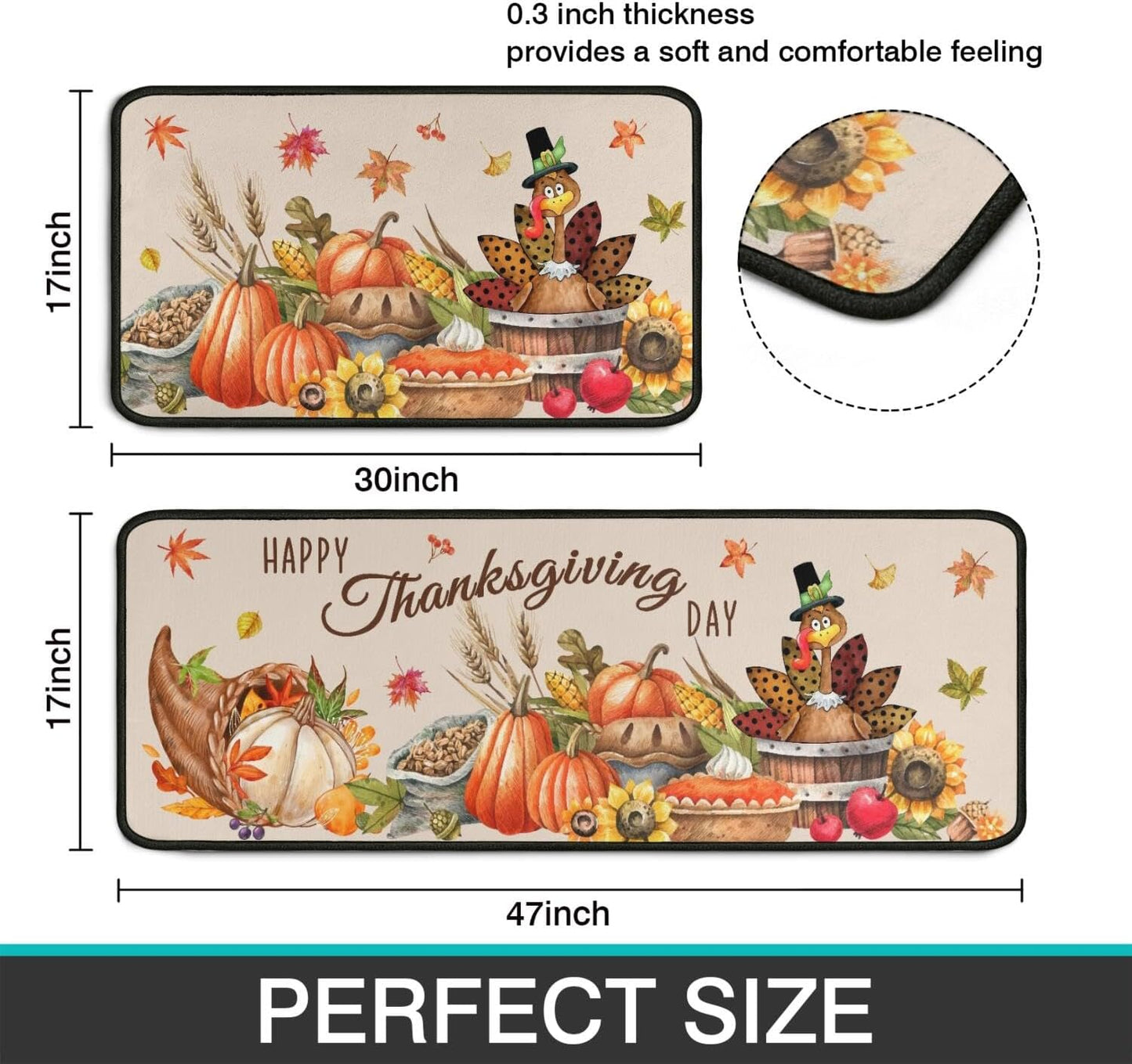 2 Piece Thanksgiving Kitchen Decor Rugs Set,Fall Kitchen Rugs and Mats Non Skid Washable Absorbent Kitchen Accessories Decoration Floor Mats 17"x47"+17"x30"