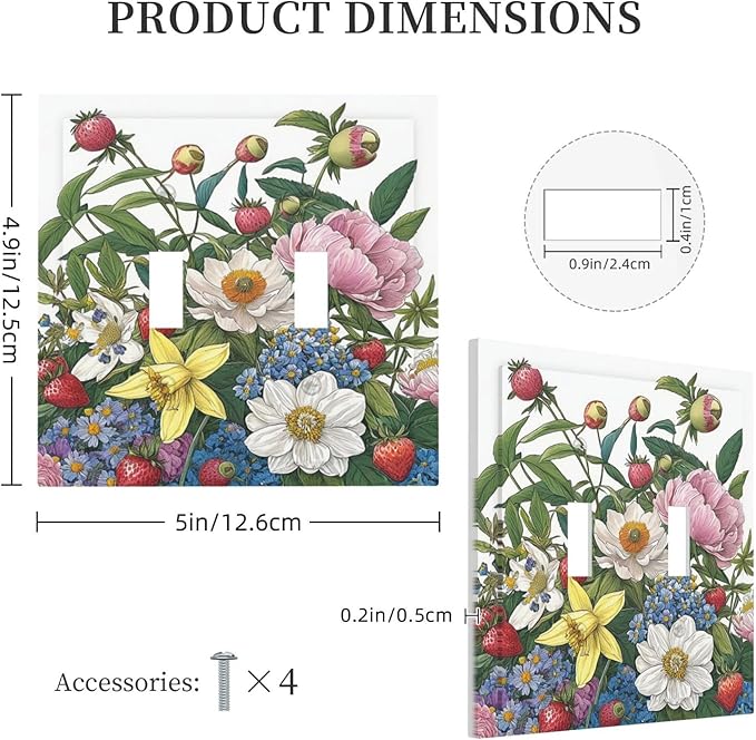 Spring Watercolor Flower Plant Strawberry Peony Floral Decorative Switch Plates 2 Gang Double Toggle Wall Plate Electrical Faceplate Outlet Light Switch Cover for Bedroom living Room Decor