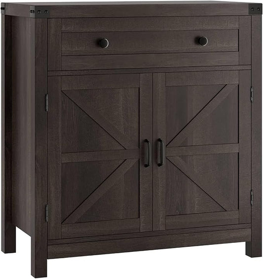 HOSTACK Coffee Bar Cabinet, Kitchen Storage Cabinet, Modern Farmhouse Buffet Sideboard with Drawer and Adjustable Shelf, Barn Door Accent Cabinets for Kitchen, Dining Room, Entryway, Dark Brown