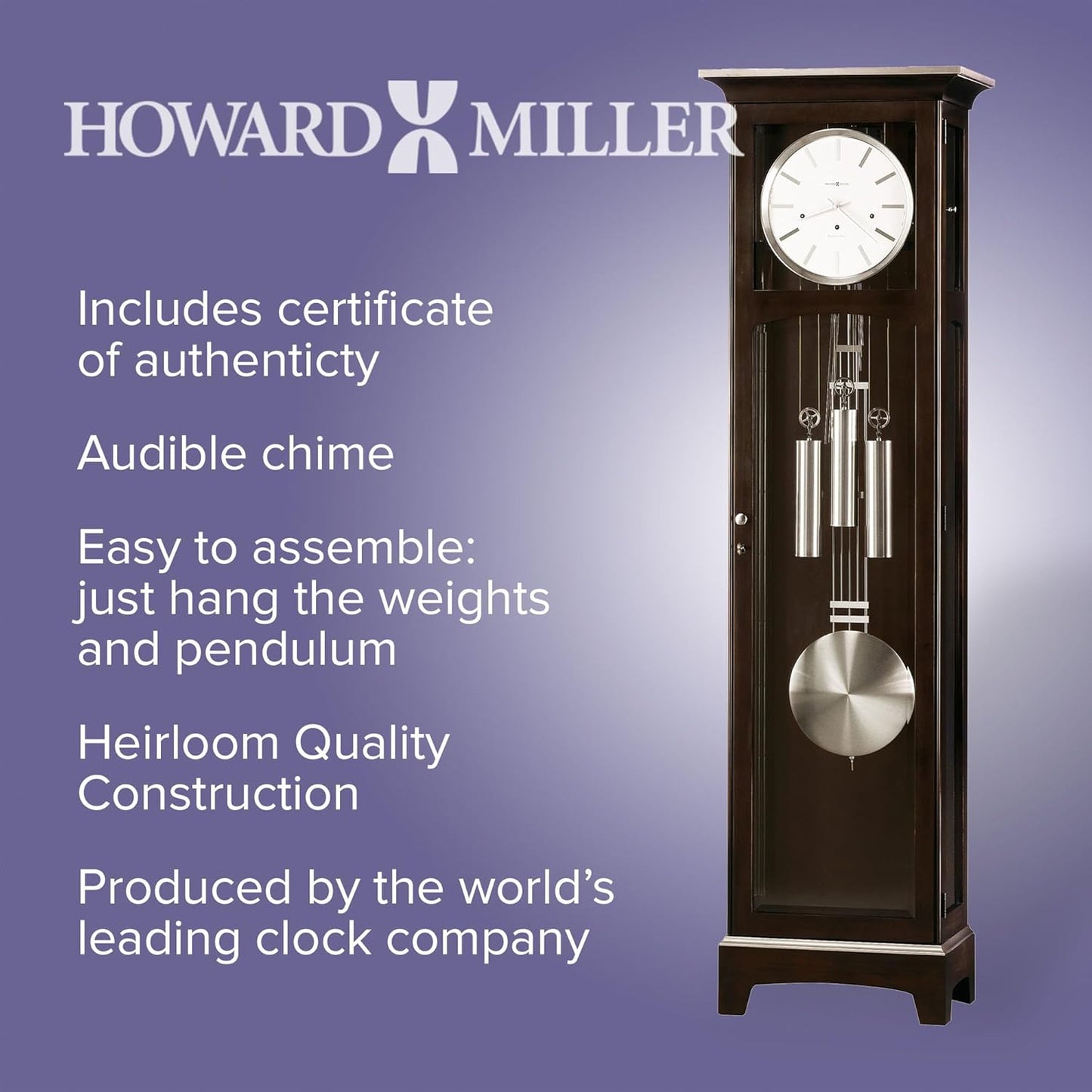 Howard Miller Urban II Floor Clock, with Nickel-Finished Doorknob - Espresso Finish, Adjustable Leveler & Analog Display Roman Numeral Vertical Grandfather Home Decor for Home and Living Room