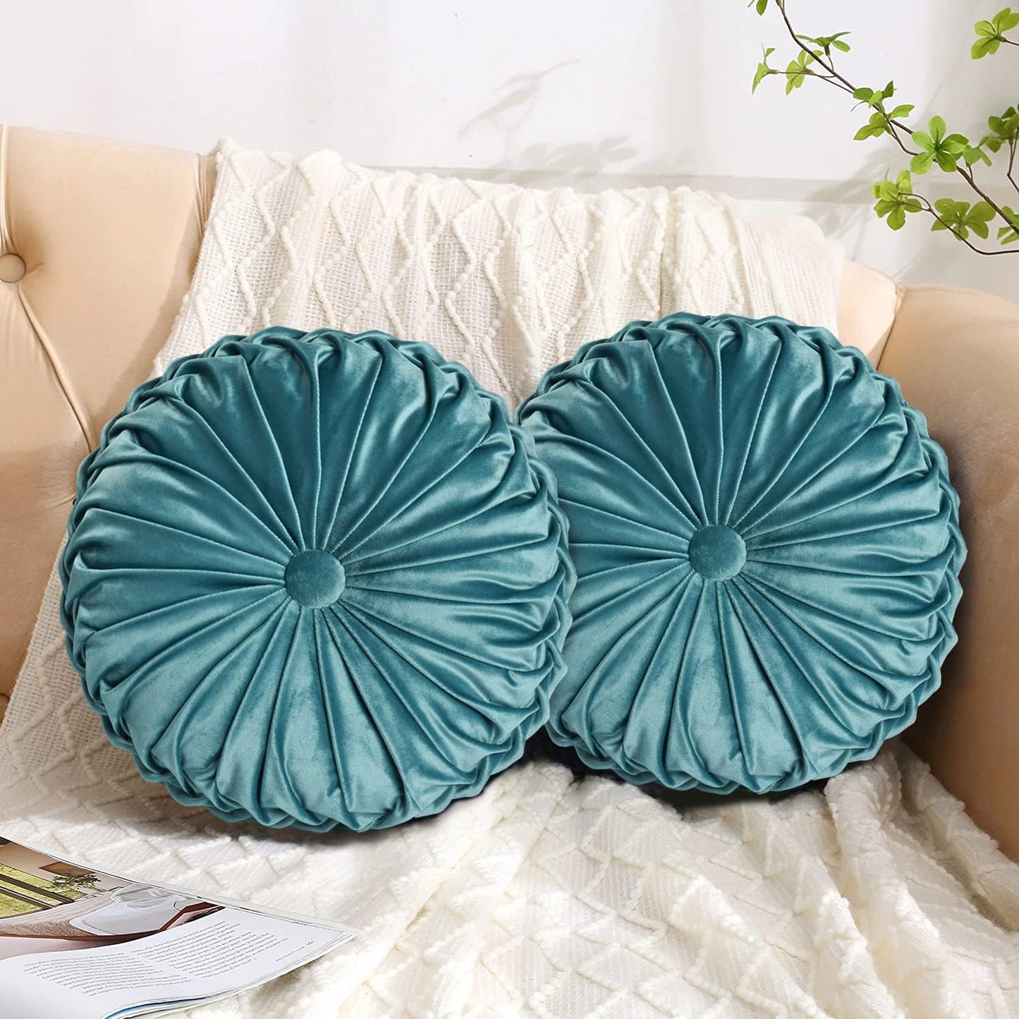 HIG Set of 2 Decorative Round Pleated Throw Pillows, Classy Accent Pumpkin Throw Pillows with Center Button, Vintage Velvet Floor Pillows for Sofa Couch Vanity Chair Bed, Teal, 14.5" Diameter(Ripple)