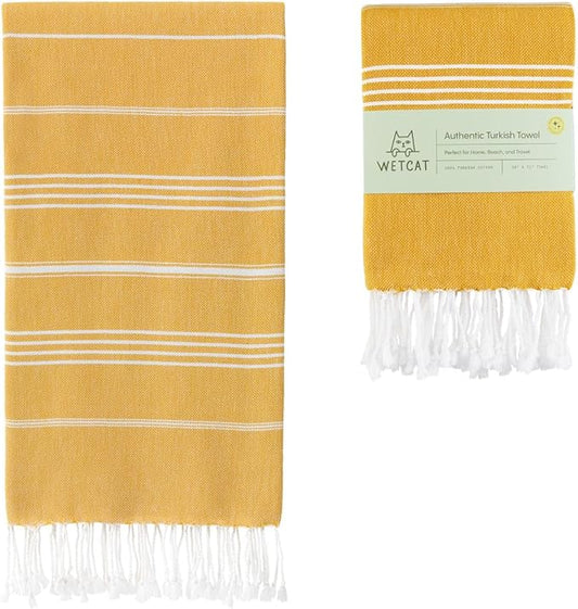 WETCAT Turkish Beach Towel Oversized (38"x71") 100% Turkish Cotton, Made in Turkey - Sand Free, Extra Large, Ultra Soft, Quick Drying, Compact & Lightweight for Travel - Honey Gold