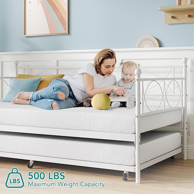 IDEALHOUSE Twin daybed with Trundle, Metal Twin Daybed and Trundle Set, Day Bed Sofa Bed Frame with Steel Slat Support, Multifunctional Daybed Frame for Bedroom (Modern - White)