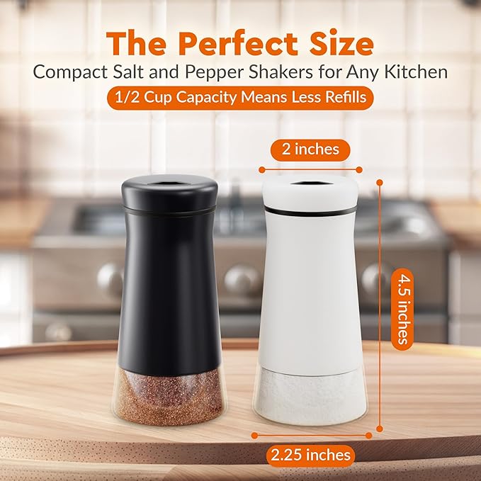 HOME EC Original Salt and Pepper Shakers Set with Adjustable Pour Holes - Black and White Salt Shaker and Pepper Shaker - Farmhouse Spice dispenser for salts, Ground peppercorn and spices