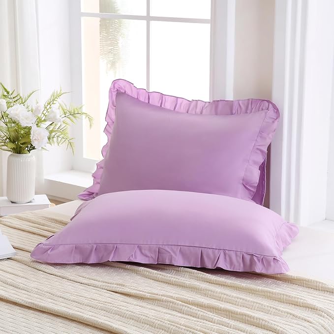 Merryword Lavender Purple Pillow Shams Light Purple Ruffle Standard Pillowcases Cute Pillow Cover Set of 2 Shabby Chic Soft Microfiber Pillowcases 2 Pack