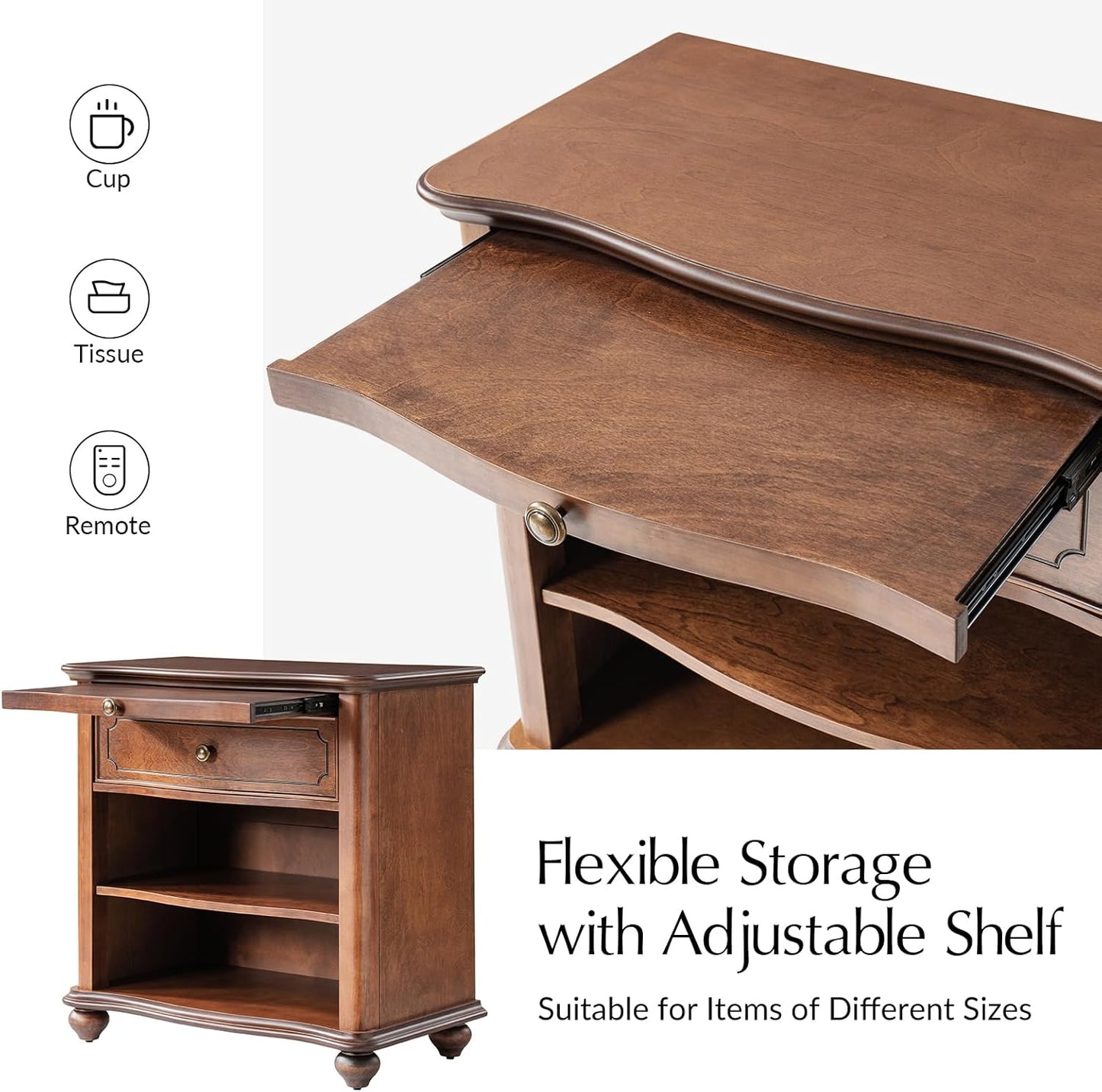 HULALA HOME Wooden Nightstand with Pull-Out Shelf, Mid Century Modern Nightstand with Solid Wood Drawers and Legs, Adjustable Storage Set of 2, Brown