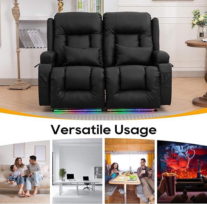 IPKIG 54" Power Loveseat Recliner Sofa, Electric Home Theater Seating with Massage Heat/4 Colors Ambient Lights/USB Port/Side Pocket/Cup Holder for Living Room, Bedroom, Home (Black, 2 Seater)