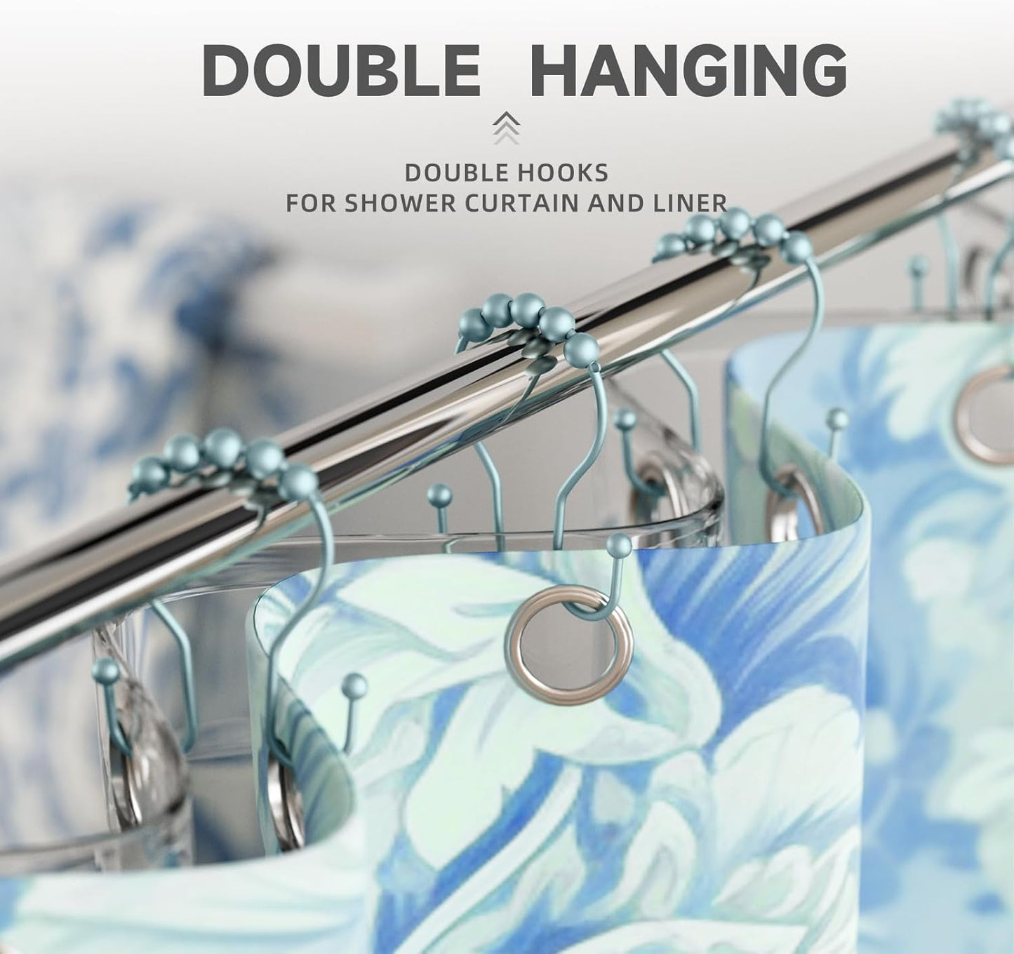 Shower Curtain Hooks, Shower Curtain Rings Rust Proof Double Hook Shower Curtain Hooks, 12 Pcs Shower Hooks for Shower Curtain, Shower Rings for Curtain, Metal Shower Rod Hooks Lightcyan