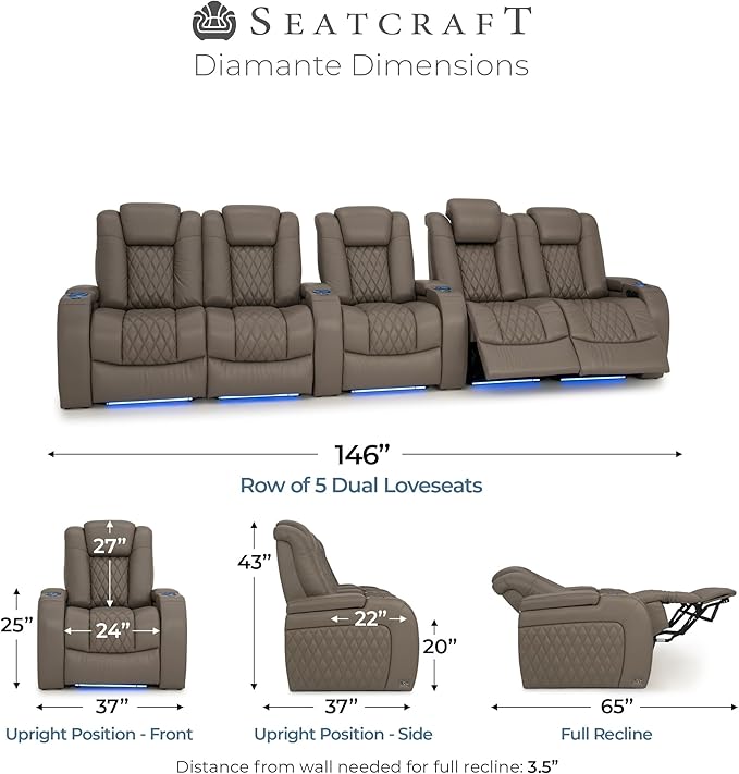 Seatcraft Diamante Zero-Gravity CoolZero Italian Leather Home Theater Seating, Power Headrest, Power Recline, Row of 5 Dual Loveseats, Gray