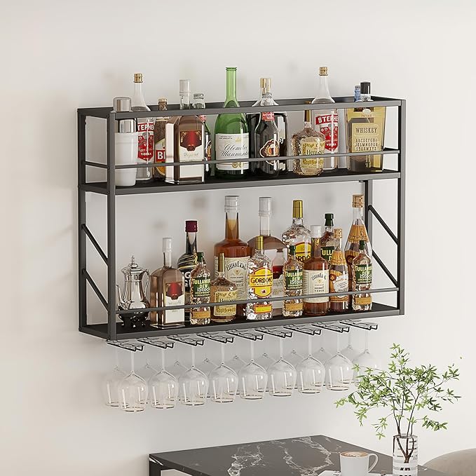 Wall Mounted Wine Rack 2 Tier, Metal Bar Liquor Shelves and Glass Holder,Wall Bar Shelf Wine Display Storage Holder for Home Bar, Dining Room, Kitchen(31.4×7.8×26in)