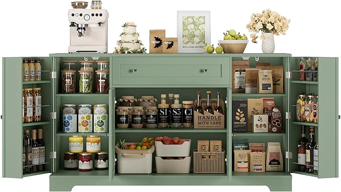 HITHOS 54" Buffet Cabinet with Storage, Modern Kitchen Buffet Sideboard with Drawer, Wood Coffee Bar Station with Adjustable Shelves, Kitchen Storage Cabinet for Living Room, Green