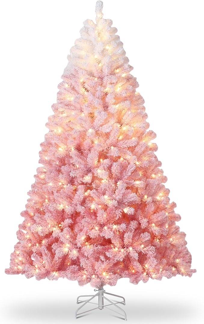 GarveeHome Pink Christmas Tree, 6ft Snow Flocked Artificial Christmas Tree with LED Warm White Lights & Metal Stand, Prelit Xmas Holiday Decoration for Home, Office, Party