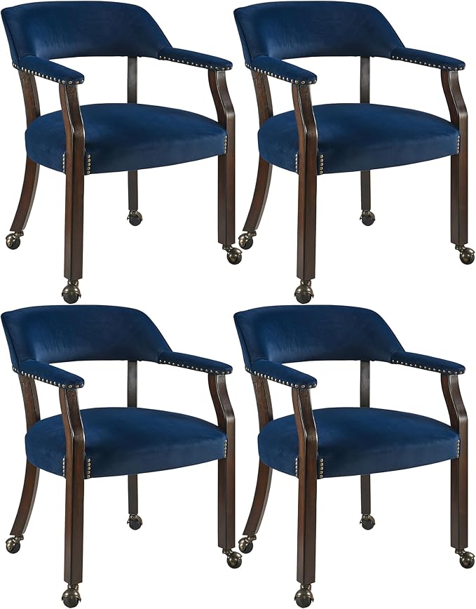 Dinning Chairs with Wheels and Arms Set of 4, Solid Wood Office Desk Chairs with Frosted Velvet Upholstered, Classic Swivel Accent Chairs, 31.5" H Boss Caption's Chair, Ocean Blue XXY-HT22-OB