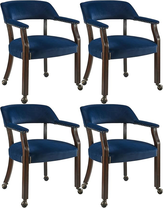 Dinning Chairs with Wheels and Arms Set of 4, Solid Wood Office Desk Chairs with Frosted Velvet Upholstered, Classic Swivel Accent Chairs, 31.5" H Boss Caption's Chair, Ocean Blue XXY-HT22-OB