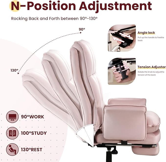 Office Chair, Modern Home Office Desk Chairs with Wheels and Retractable Footrest, Adjustable Backrest Velvet High Back Office Chair, Computer Chairs for Bedroom (Light Pink)