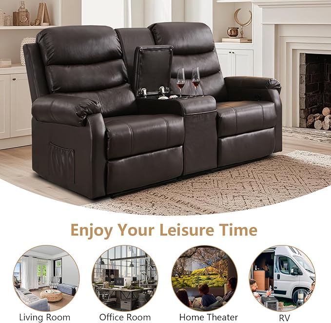 Loveseat Reclining Sofa, Home Theater Seating with Center Console, RV Recliner Sofa with Cup Holders and Pockets, Manual Double Seater Recliner for Living Room, Motor Home, Cinema(Brown)