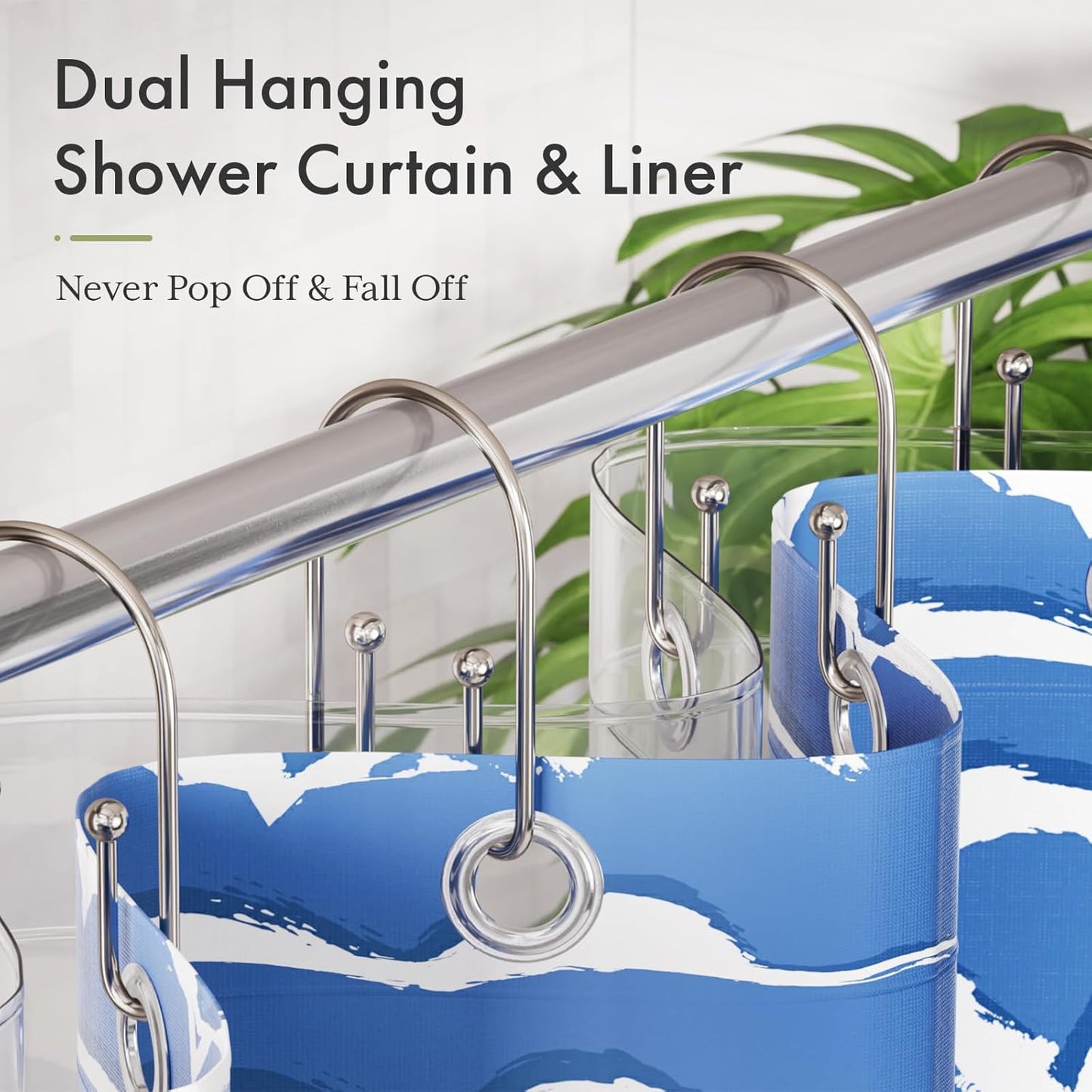 AmazerBath Shower Curtain Hooks, Nickel Shower Curtain Hooks Rust Proof, Non-Slip Simple Double Hook Shower Curtain Hooks for Shower Curtain, Sturdy Shower Curtain Rings, 12Pcs