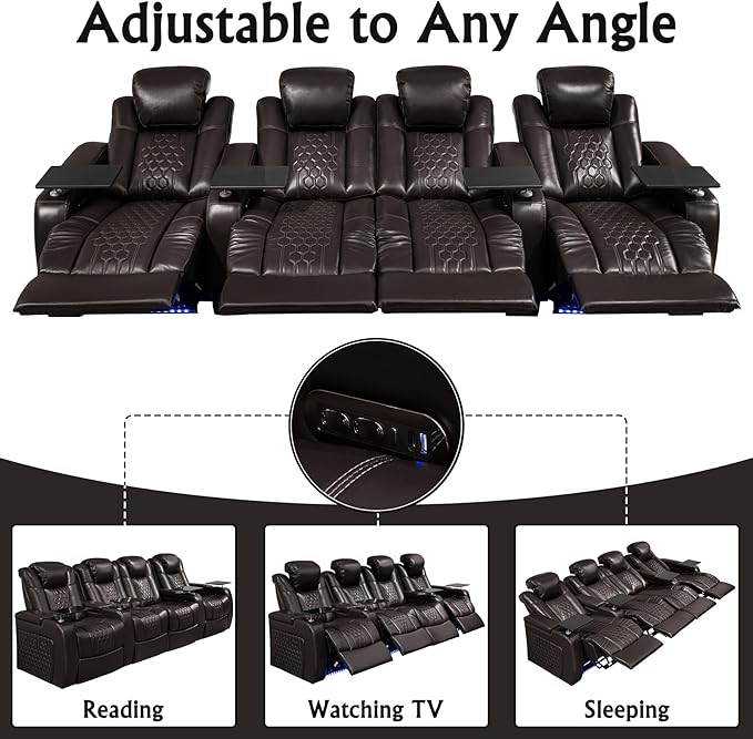 Home Theater Seating, Living Room, Heat & Massage, Powered Headrest, Powered Lumbar, Italian Leather, Powered Recline, Single Recliner (Coffee Color, Row of 4 Loveseat Middle)
