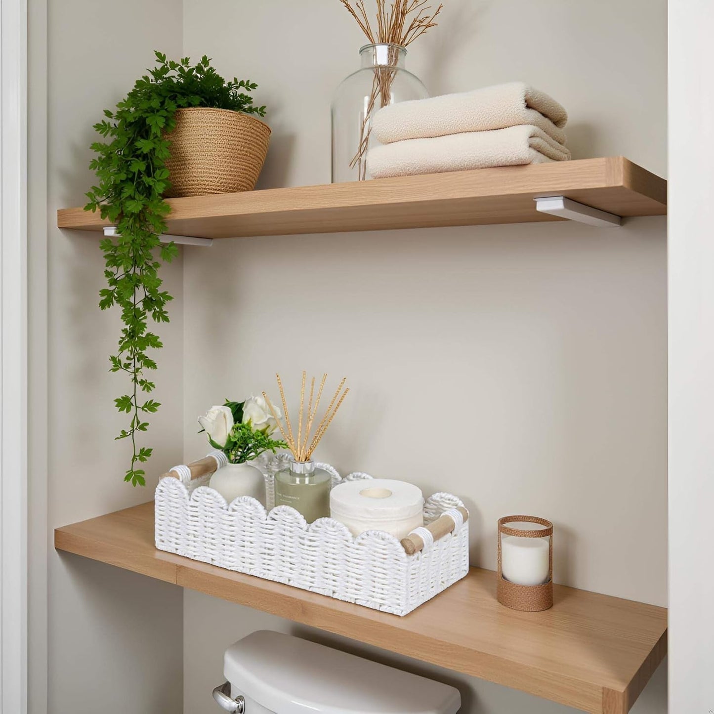 CubesLand Scalloped Edge Toilet Paper Storage Basket, Living Room Home Cozy Decor Basket, Paper Rope Small Baskets for Over Toilet Storage Shelf, End Table, Shelves, with 2 Wooden Handles, White