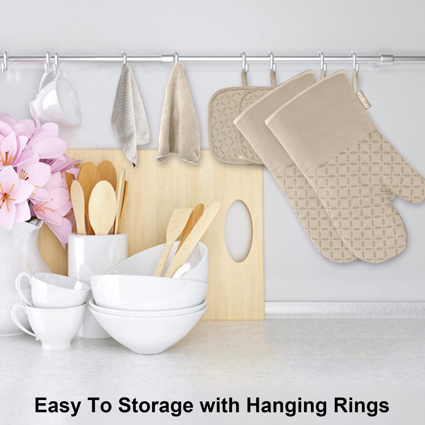 KEGOUU Oven Mitts and Pot Holders 6pcs Set, Kitchen Oven Glove High Heat Resistant 500 Degree Extra Long Oven Mitts and Potholder with Non-Slip Silicone Surface for Cooking (Almond)