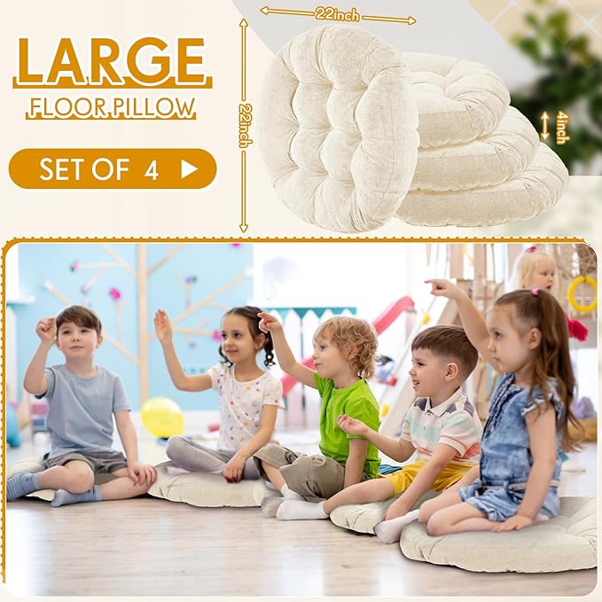Jerify 4 Pcs Floor Pillow Cushions 22 x 22 Inch Round Square Large Meditation Floor Pillow for Classroom Adult Meditation Picnic Party Cushion for Seating Gift Christmas(Beige,Round)