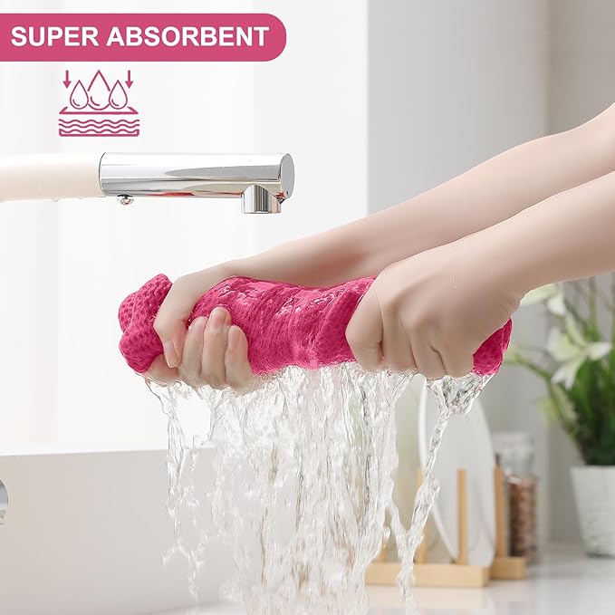 Homaxy 100% Cotton Kitchen Towels and Dishcloths Set, 12 x 12 Inches and 13 x 28 Inches, Set of 10 Bulk Kitchen Towels Set, Ultra Soft Absorbent Dish Cloths for Washing Dishes, Hot Pink