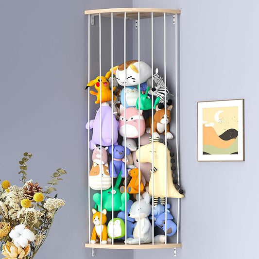 Stuffed Animal Storage & Toy Storage Organizer – Wooden Corner Hammock Shelf for Stuffed Animal Hammock Corner, Nursery, Playroom, Bedroom. Versatile Toy Organizer with Zoo Pattern