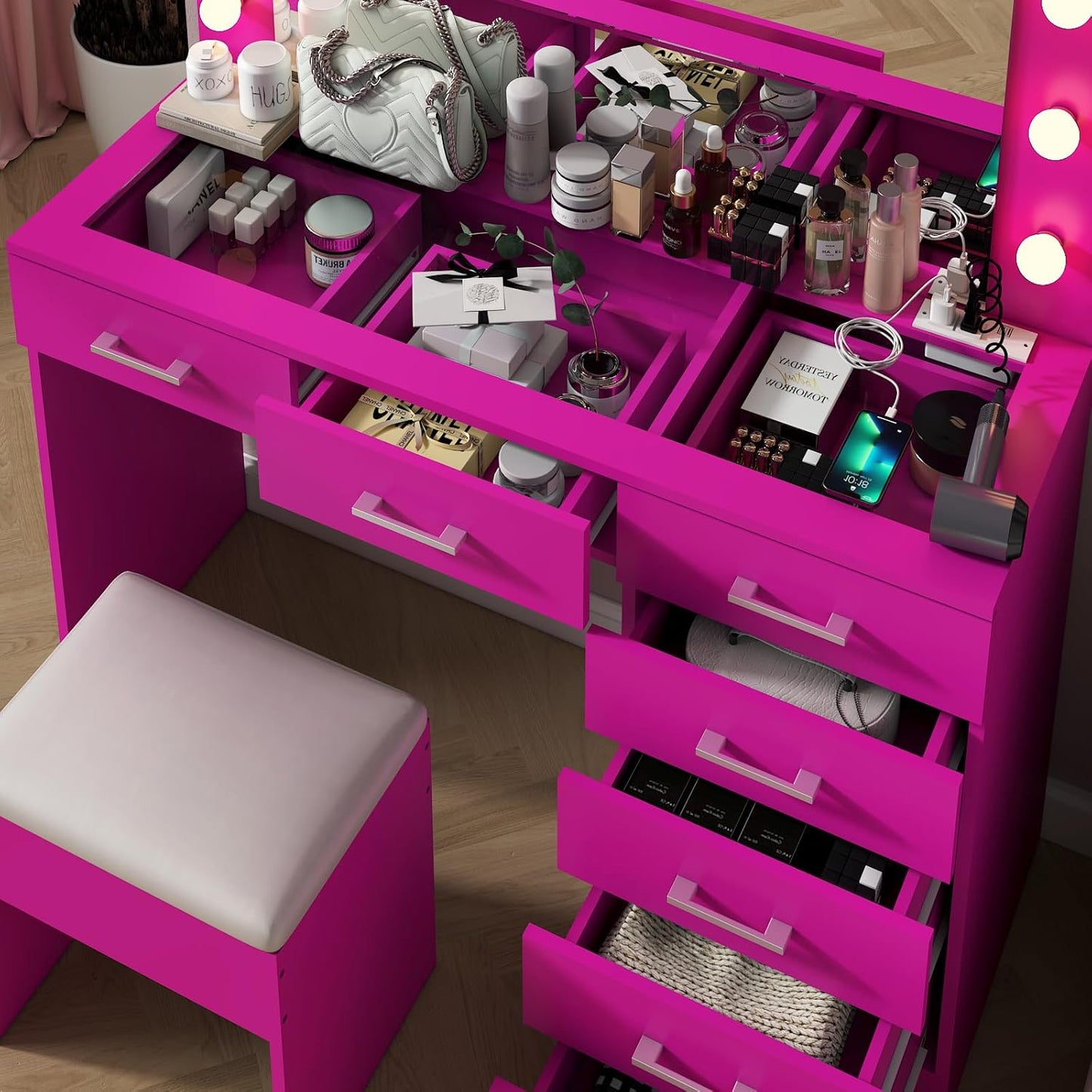 Karl home Vanity Desk with Large Lighted Mirror & Powre Outlet, Glass Tabletop Makeup Vanity Set with 7 Drawers, 45.3" Vanity Table with 3 Color Lighting Modes, Dressing Table for Women Girls, Pink