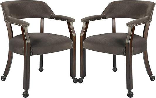 MODERION Dinning Chairs with Wheels and Arms Set of 2, Solid Wood Office Desk Chairs with Frosted Velvet Upholstered, Classic Swivel Accent Chairs,31.5" H Boss Caption's Chair for,Taupe XXY-HT22-WG-2