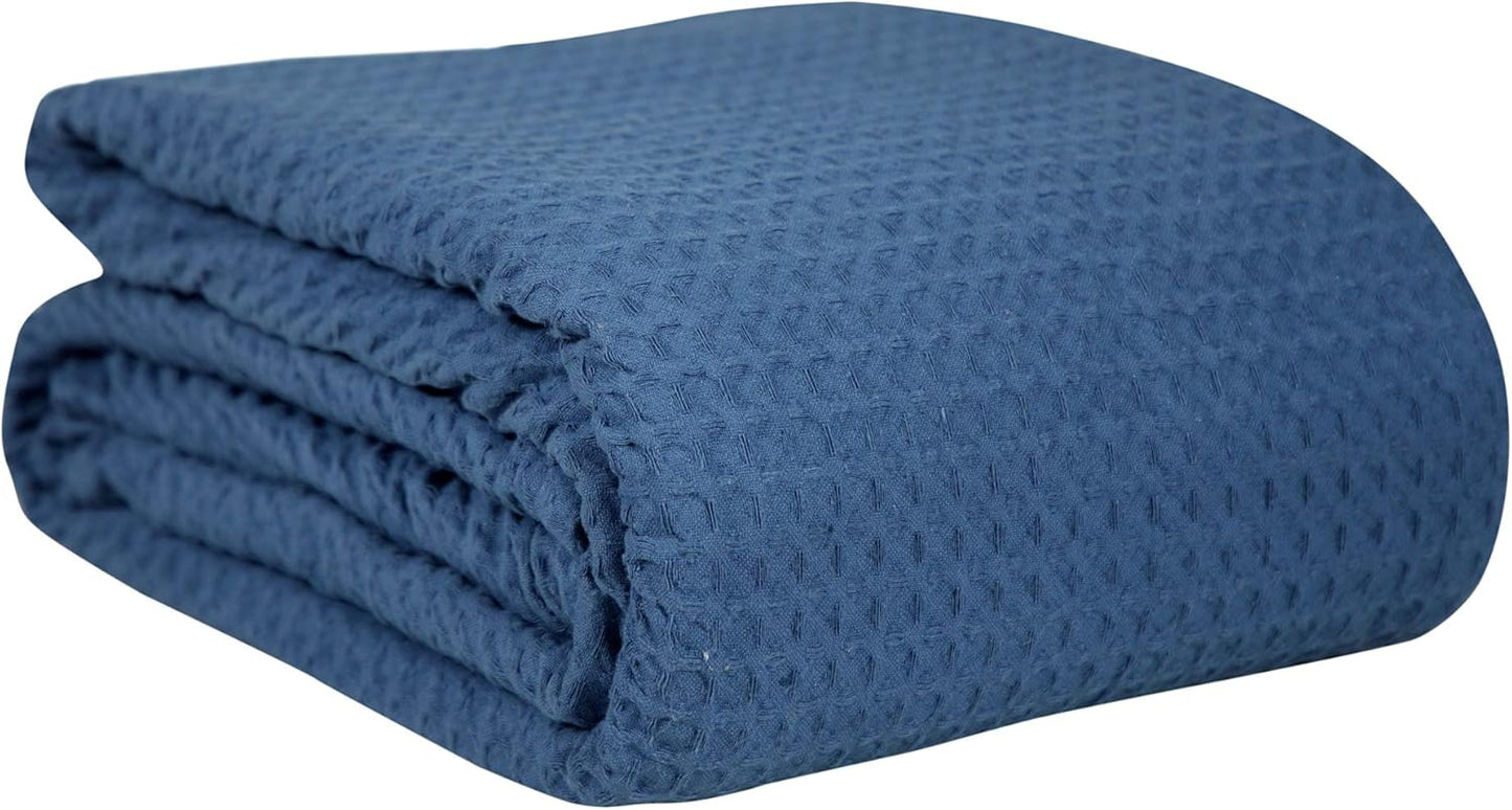 HILLFAIR 100% Combed Cotton Blanket– King Size Bed Blankets– Warm Soft All Season Breathable Lightweight Summer Blankets– Waffle Weave Home Decor Bed Blanket- Navy King Bed Cotton Blankets/Bedcovers