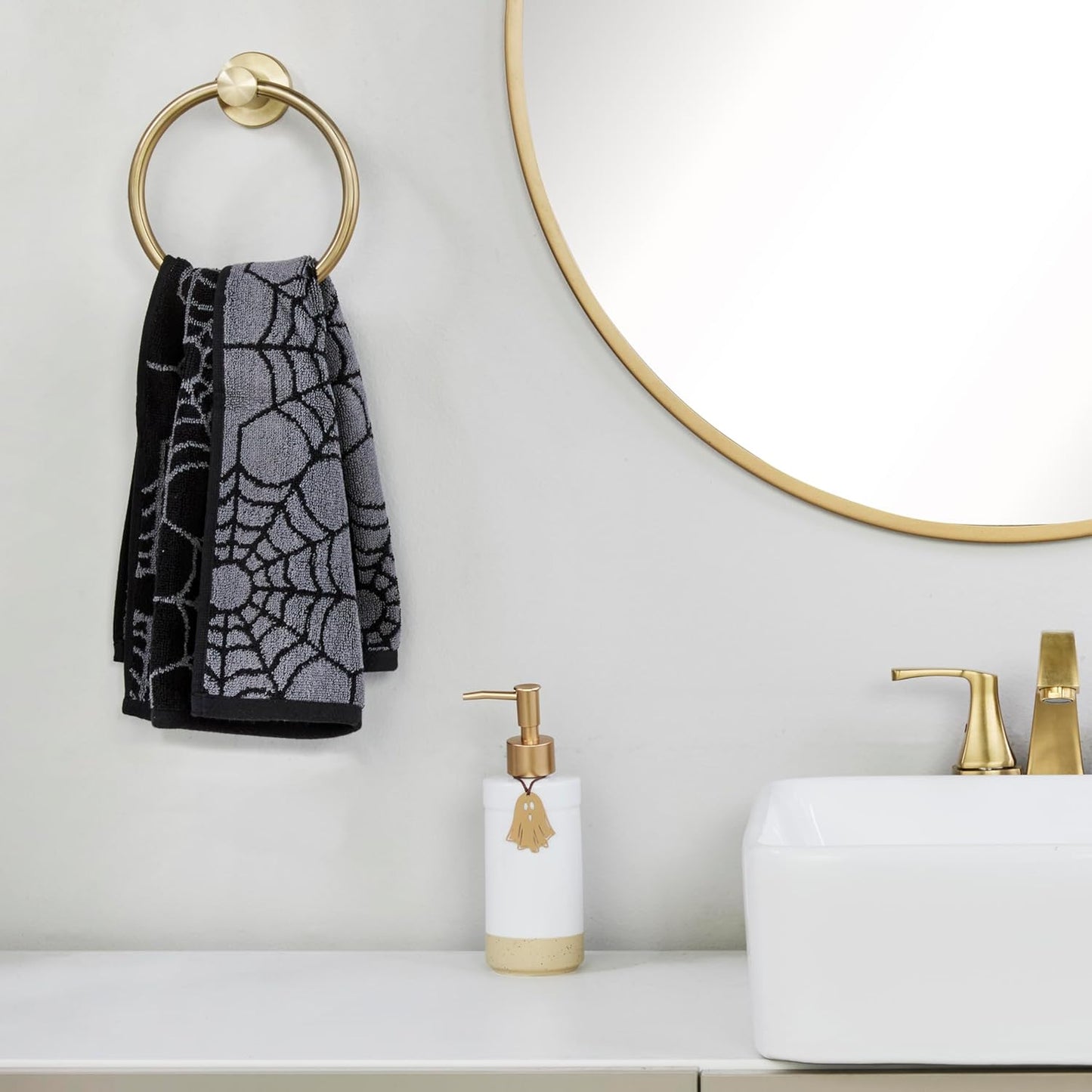 SKL Home Halloween Spider Web 100% Cotton Jacquard 2pc Hand Towel Set, Reversible, Soft & Absorbent, Decorative for Bath/Kitchen/Bar & Gift, Black