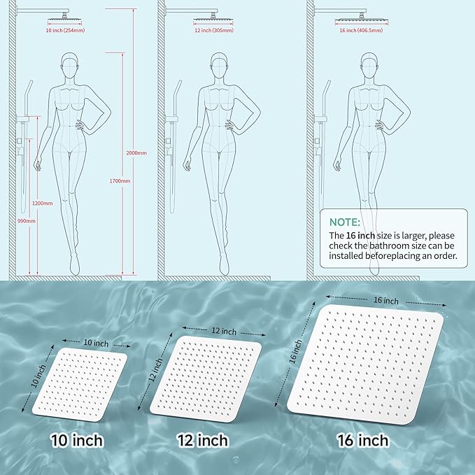 SR SUN RISE Luxury 12 Inch Large Square Stainless Steel Shower Head High Pressure Rainfall Showerhead Ultra Thin Water Saving Polished Chrome