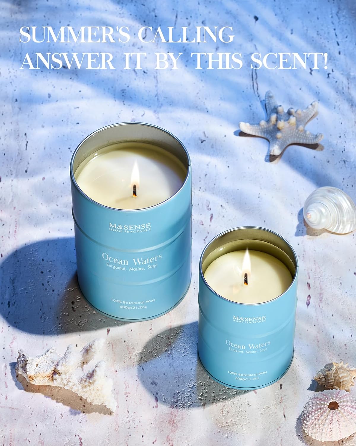 M&SENSE Ocean Waters Scented Candles Large Beach Candle, Summer Soy Candles 21.2oz 120 Hour Slow Burning,Aromatherapy Candle for Stress Relief Meditation Relaxing