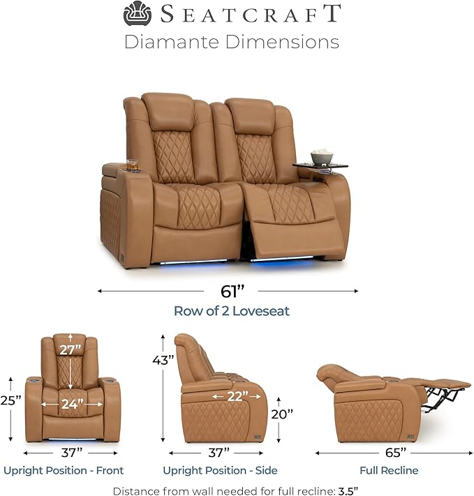 Seatcraft Diamante Zero-Gravity CoolZero Italian Leather Home Theater Seating, Power Headrest, Power Recline, Row of 2 Loveseat, Tan Oak
