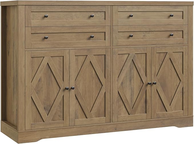 HOSTACK 55" Coffee Bar with 4 Large Drawers, 40" Tall Buffet Cabinet with Storage, Kitchen Storage Cabinet, Modern Farmhouse Sideboard Buffet, Adjustable Shelves for Living Room, Rustic Brown