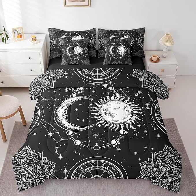 Sun and Moon 7 Piece Bedding Set, Constellation Galaxy Comforter Set Cover for Kids Boys Girls Teens Psychedelic Boho Mandala Bedding Set Celestial Black White Full Size