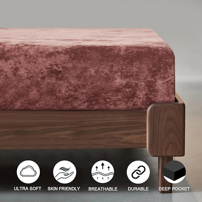 PHF Truly Velvet Fitted Sheet Only King Size, Luxury Super Soft Cozy Fuzzy Fleece Bottom Sheet, Deep Pocket Up to 16", Suitable for Fall Winter Spring, No Pillowcases, Rust Red/Burgundy