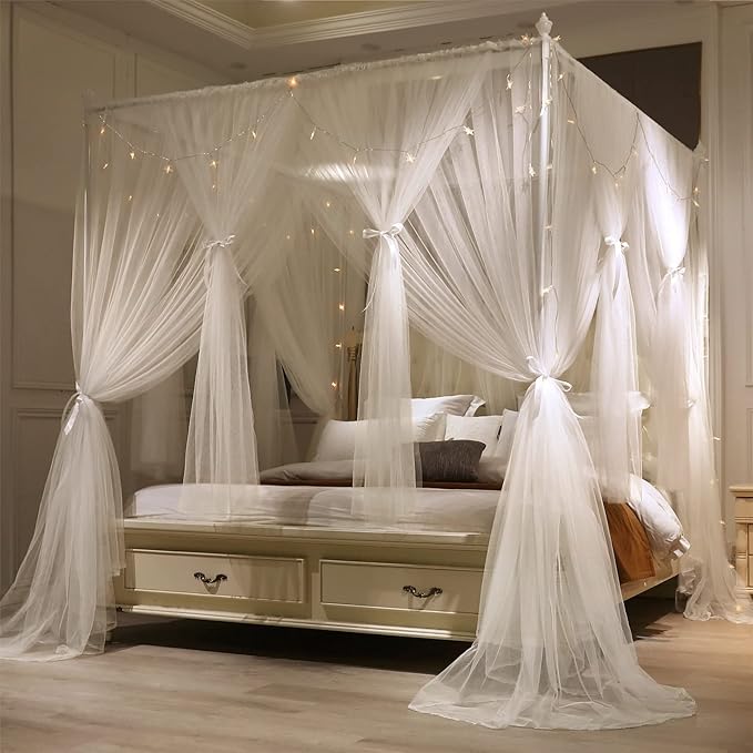 VETHIN 4 Corners Post Princess Bed Canopy Curtain Double Layer Cozy Drape Netting 4 Opening Mosquito Net for Girls & Adults Bedroom Decoration Accessories (Double White, 53" W*78" L*82"*H/(Full))