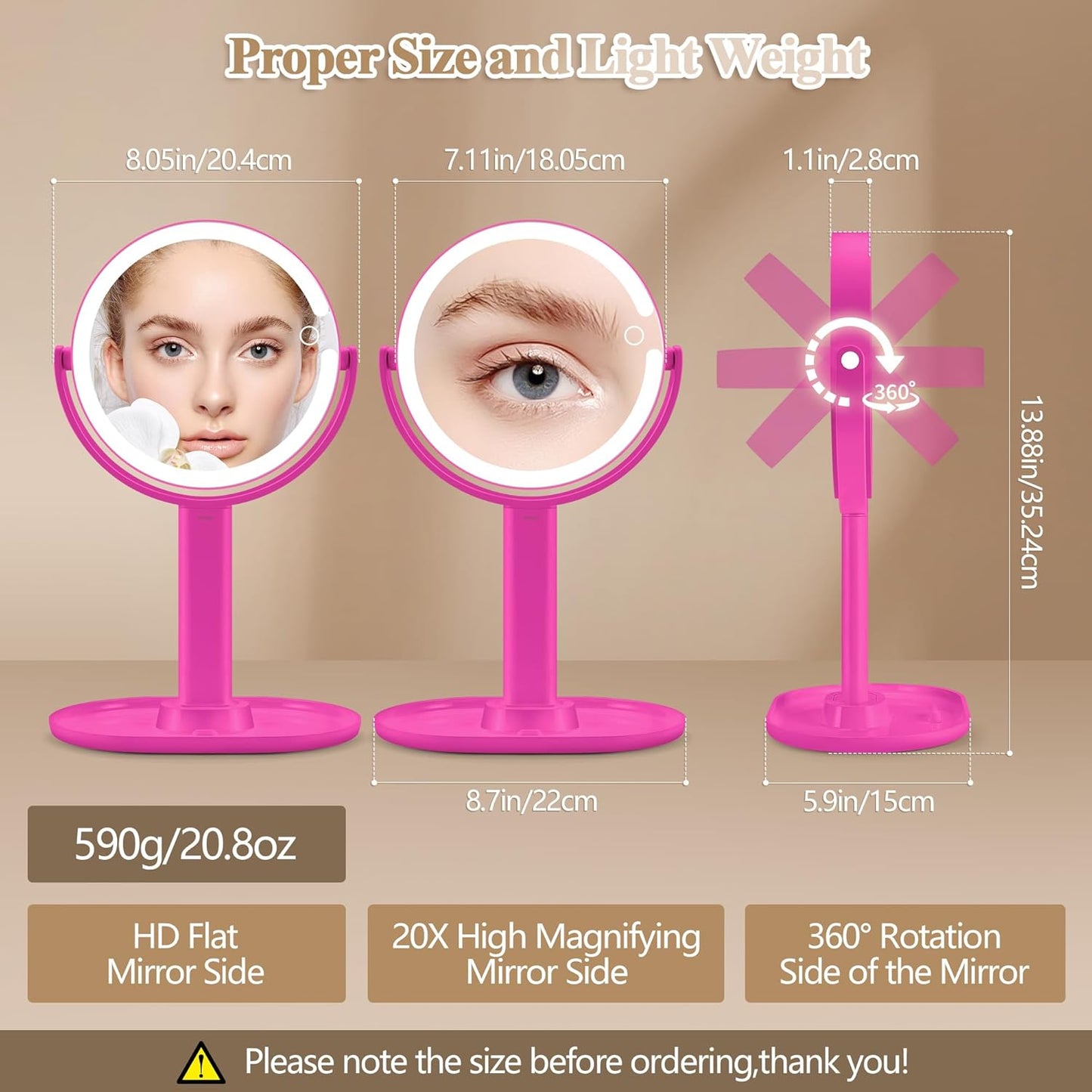 Makeup Mirror with Lights, Double Sided 1x/20x Magnifying Mirror with Light, Rechargeable 3 Color Lights and Adjustable Brightness, 360° Rotation Detachable Comes with Tweezer(Hotpink)